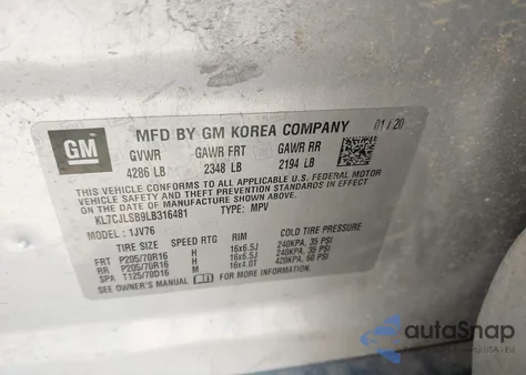 2020 Chevrolet Trax Fwd Lt from USA, damaged, VIN KL7CJLSB9LB316481